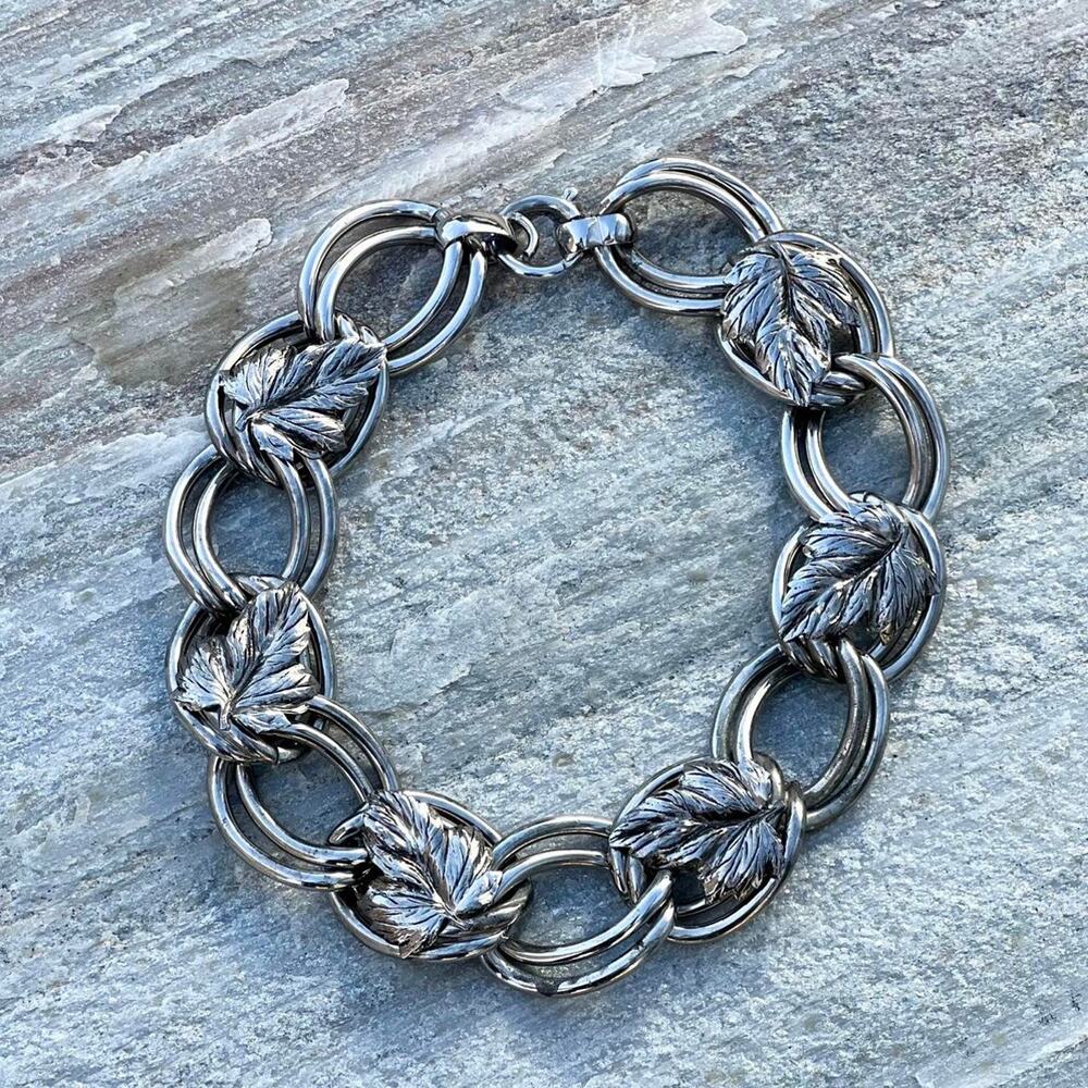 Womens Necklace Silver Tone Floral Leaf Chunky Chain Link Vintage